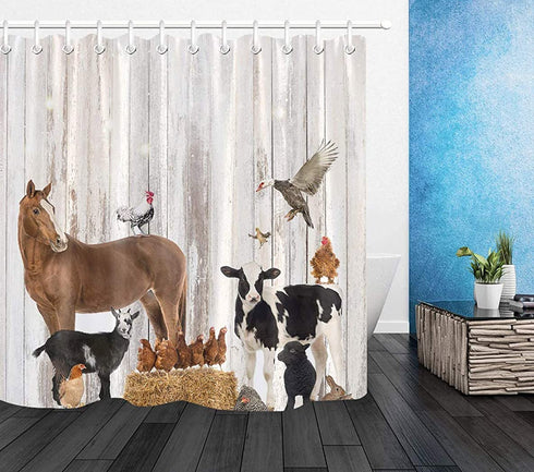 ECOTOB Farm Shower Curtain Decor, Rustic Wooden Wall Farm Little Animals Horse and Cow Shower Curtains 72X72 inches Polyester Fabric Bathroom Decorations Bath Curtains Hooks Included