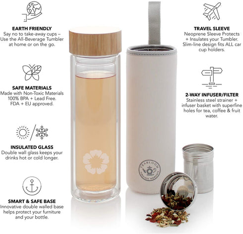Teabloom All-Beverage Tumbler 15 oz / 450 ml Tempered Glass Travel Bottle Hot and Cold Tea Infuser Cold-Brew Coffee Fruit-Infused Water Tea Tumbler The Pathfinder