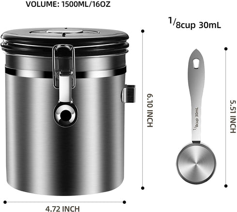 SUNWUKIN Coffee Canister, Airtight Stainless Steel Kitchen Food Storage Container with Date Tracker and Scoop for Beans, Grounds, Sugar, Tea, Flour, Cereal, Stainless Steel 22OZ