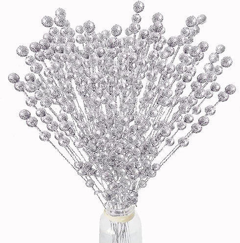 IDOXE Silver Berries,100Pack Artificial Stems Christmas Tree Decorations, Fake Christmas Picks Glitter Sticks DIY Wreath Crafts Gift Fireplace Holiday Home Decor, 11.8Inch (Silver)