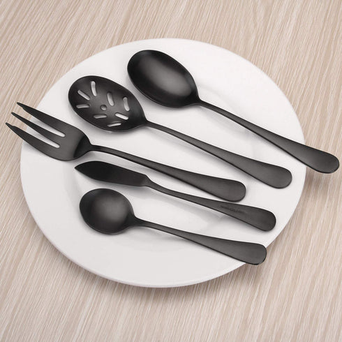 Matte Black Serving Set?SHARECOOK 5-Piece 18/0 Stainless Steel Large Hostess Set with Round Edge, Satin Finished, Dishwasher Safe -Spoons, Forks,Butter Knife& Slotted Spoon