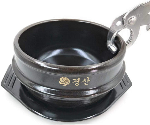 Jovely Korean Cooking Ceramic Stone Bowl(Dolsot or Ddukbaegi) Diameter 6.3'' High 2.95'' Sizzling Hot Pot for Korean food such as Bibimbap and Soup (with Premium Tray and Special Bowl Tongs Set)