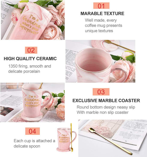 Gifts for Grandma - I'm a Grandma, What's Your SuperPower - Funny Birthday Gifts for Grandma - Grandma Coffee Mug - Grandma Gifts - 14Oz Pink Marble Mug with Gift Box Spoon Coaster