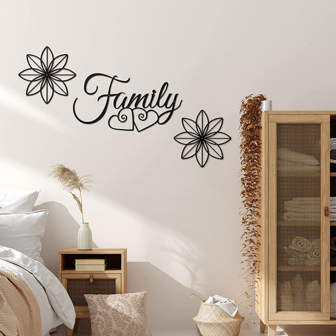 3 Pieces Family Metal Wall Sign Black Metal Family Word Wall Art Metal Family Wall Hanging Sign, 2 Pieces Black Metal Flower Wall Sculpture for Home Dining Room Kitchen Door Decorations Wall Decor