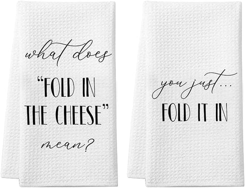 Saukore Funny Kitchen Towels, Fold in The Cheese Dish Towels Set, Super Absorbent Kitchen Hand Towels - 2 Pack Decorative Waffle Weave Dish Towels, Cute Mother's Day, Birthday, Housewarming Gifts