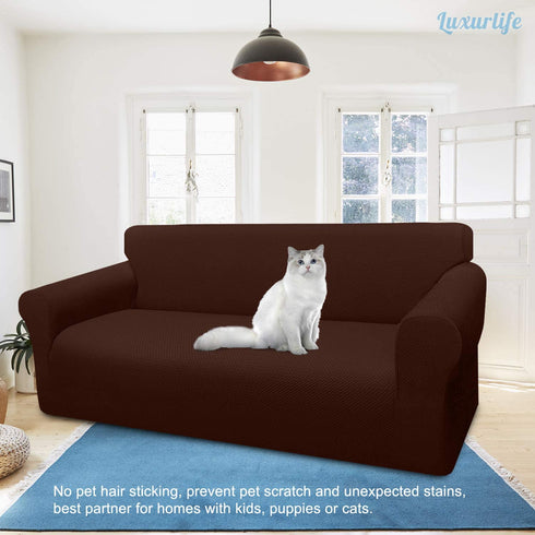 Luxurlife Thick Sofa Covers 1-Piece Stretch Couch Cover for 3 Cushion Couch Latest Jacquard Sofa Slipcover for Pets Kids Furniture Protector with Elastic Bottom(Large, Chocolate)