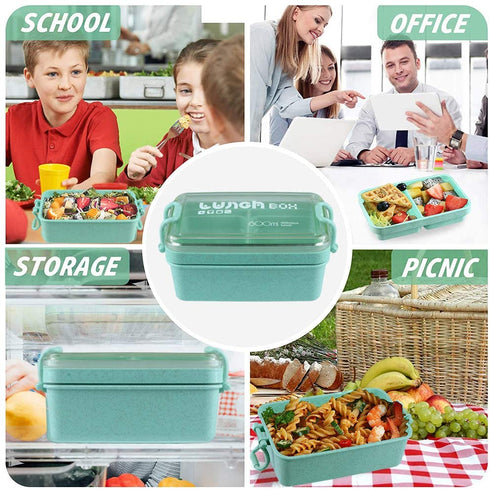 Iteryn Stackable Bento Lunch Box, Eco-Friendly Wheat Fibre Bento Box for Kids Adult, 2 Layer 3 Compartment Lunch Containers, Microwave Safe - Green