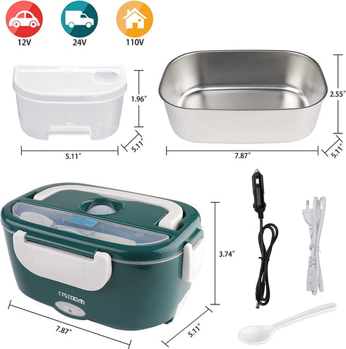 Electric Lunch Box -- Toursion Portable Food Heater 2 in 1 for Car/Truck and Work 110V&12V-24V 40W, Removable Stainless Steel Portable Food Warmer 1.5L, Spoon and 2 Compartments Included (Dark Green)