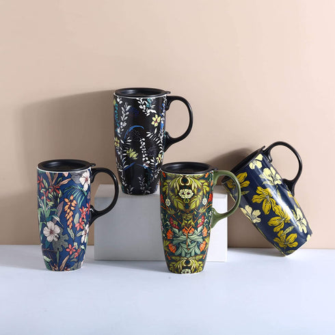 TZSSP Coffee Ceramic Mug Porcelain Latte Tea Cup With Lid 17oz. Green