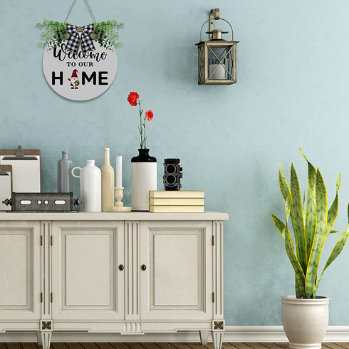 Gnome Wooden Seasonal Welcome Door Sign Interchangeable Welcome to Our Home Round Wood Hanging Front Door Sign with Burlap Bow with 12 Seasonal Ornament for Independence Day Holiday Porch (White)