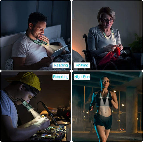 HUNYYN Neck Light, USB Rechargeable LED Reading Light for Book in Bed, 3 Colors Brightness Adjustable Hands Free Hug Light for Reading, Knitting, Crocheting, Camping, Repairing
