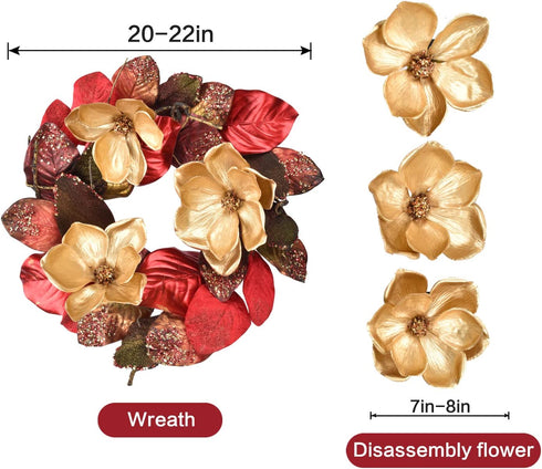 RED DECO Christmas Wreath for Front Door - 20 Inch Red Magnolia with 3 Gold Flowers, Holiday Wreaths for Home Farmhouse Indoor Outdoor Windows Wall Decor(Red)