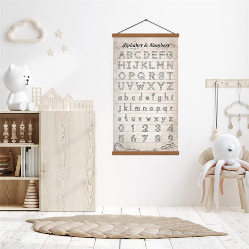 Alphabet Numbers Chart Poster Canvas Prints Print Kids Bedroom Sign Educational Painting Wall Art Decor With Wood Hanger Frame For Nurseries Kid's Rooms 16x27inch