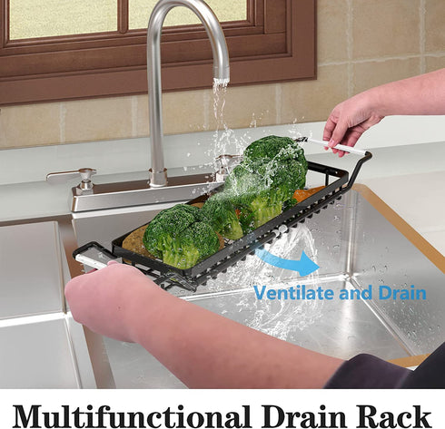 Sponge Holder for Kitchen Sink, Telescopic Sink Storage Rack, Expandable (15.5"-21.3") Sink Caddy Organizer with Dishcloth Towel Holder, Stainless Steel Over Sink Holder for Home (Black)