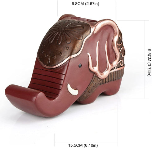 Pen Pencil Holder with Phone Stand, Coolbros Resin elephant Shaped Pen Container Cell Phone Stand Carving Brush Scissor Holder Desk Organizer Decoration for Office Desk Home Decorative (red)