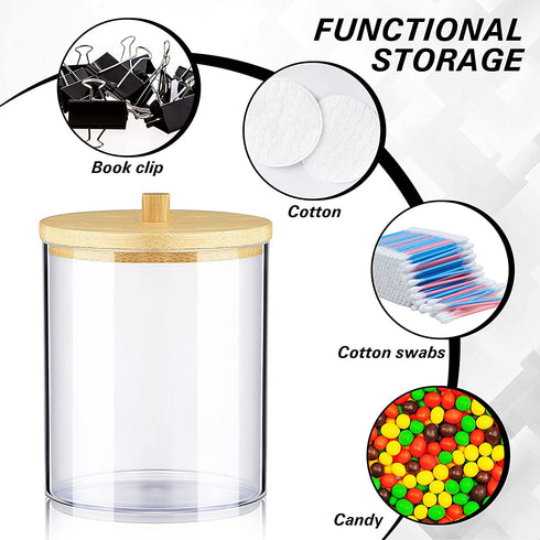 6 Pack Acrylic Qtip Holder Dispenser Bathroom Jars Set Round Pad Holder with Bamboo Lid Clear Plastic Stackable Ball Storage Container with 2 Pieces Removable Sticker Label for Bathroom Accessories