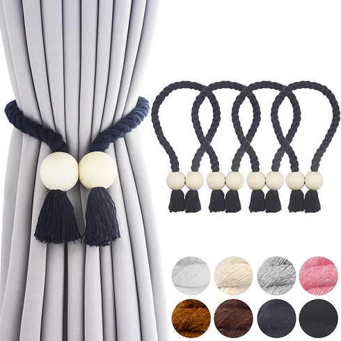 Porlau 4 Pack Navy Magnetic Curtain Tiebacks Cotton Hand Woven Tieback Holdback Decorative Tie Backs for Drapes with Durable Wooden Buckle No Tools Required