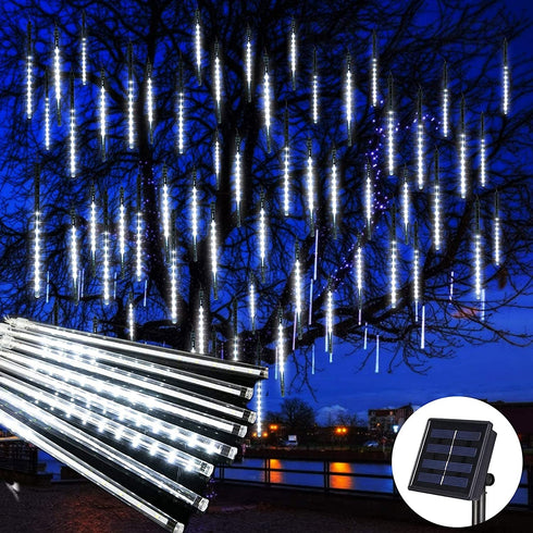 YEGUO Solar Meteor Shower Rain Lights Outdoor, White Meteor Lights 30cm 8 Tubes 144 LED, Falling Raindrop Fairy String Lights for Tree Holiday Porch Yard Patio Roof Party Christmas Decoration