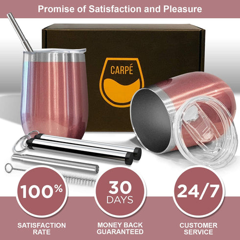 Carpe 12 oz Stemless Insulated Wine Glass Tumbler with Sliding Lid and Straw, Spill Proof Stainless Steel Double-Wall Wine Tumbler Cups for Champaign, Cocktail, Coffee, Drinks, Set of 2 (Rose Gold)