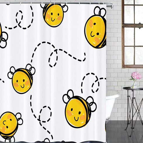 White Baby Bee Honey Cute Flying Happy Honeybee Cartoon Animal Bumblebee Shower Curtain Sets Hooks,Waterproof Polyester Curtain