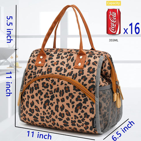 FlowFly Insulated Lunch Bag Wide-Open Lunch Box Large Tote Leakproof Cooler with Drink Holder and Multi Pockets for Women Men Adult Kids Work Picnic Travel Beach Hiking, Leopard