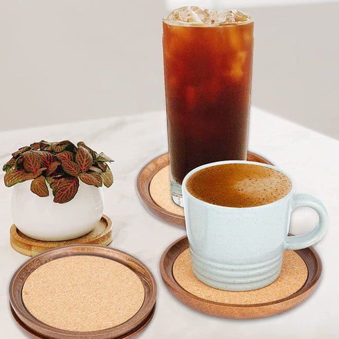 Drink Coasters,4 Cup Coasters for Drinks Absorbent Cork Coasters Set,Natural Wood Stackable Reusable Coasters for Home Office Coffee Bar Table,Rustic Housewarming Gifts for New Home Friends (4 Pack)