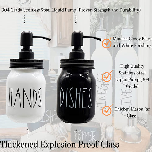 UrbanVillage Farmhouse Soap Dispenser Set - Glass Dish and Hand Soap Dispenser with Stainless Steel Liquid Pump - Cute Mason Jar for Your Kitchen - Glossy Black and White Farmhouse Decor