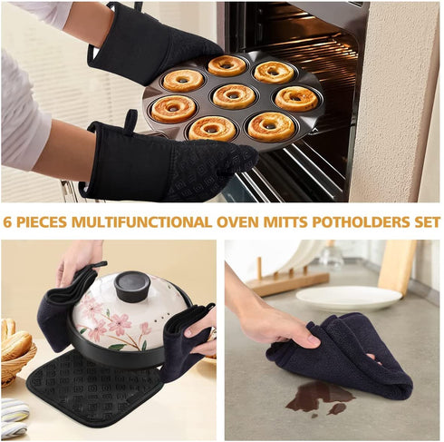 Oven Mitts and Pot Holders Kitchen: 500„‰ Heat Resistant Oven Gloves with Kitchen Towels Silicone Ovenmitts Hotpads Set - Quilted Long Kitchen Mittens Potholders Washable Mits Hot Pads for Baking