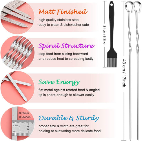 Metal Skewers For Kabobs - 17 inch BBQ Skewers For Grilling, 24 Pack Shish Kabob Skewers, Flat Stainless Steel Barbecue Skewers Grill Stick Set for Grilling Meat, Chicken, Shrimp, Fruit, Vegetables