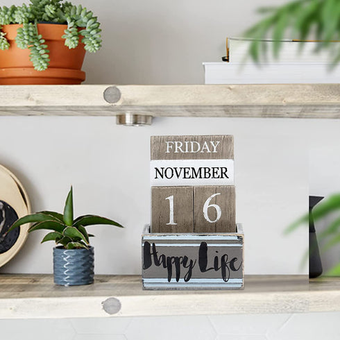 Gaobei Perpetual Calendar Wooden Calendar Blocks Vintage Wood Block Calendar for Home Office Desk Accessories Week Month Date Display (Happy Life)