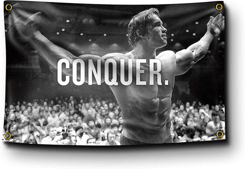 Banger Flags Banger - Original Arnold Schwarzenegger Conquer Motivational Inspirational Office Gym Wall Decor Design on a 3X5 Feet Flag with 4 Grommets for Easy Hanging. Authentic