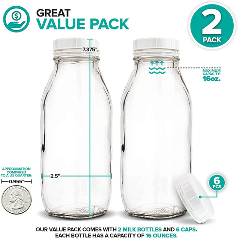 16-Ounce Glass Milk Bottles (2 Pack) - 6 Tamper Proof Screw-On Caps - Milk Jars with Lids - Food Grade Glass Bottles - Dishwasher Safe - Bottles for Milk, Buttermilk, Honey, Syrup - Stock Your Home
