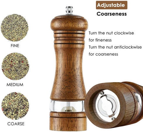 2-Piece Salt and Pepper Grinder Set, 6.5 Inch Wooden Salt and Pepper Mills with Adjustable Coarseness, Refillable Manual Pepper Mill Grinder for Home Cooks (Brown)