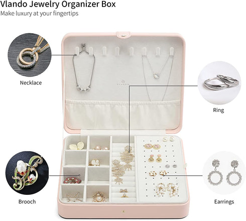 Vlando Jewelry Boxes for Girls, Women Jewelry Organizer Box Travel Necklace Earrings Ring Bracelet Jewelry Storage Case, Medium Portable Leather Jewellry Holder with Lid, Kids Gift, Pink