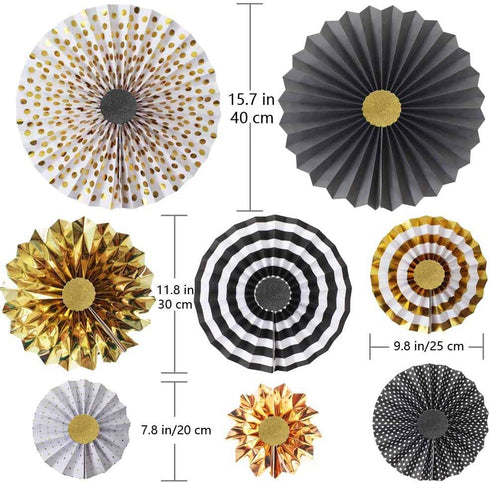 Hola Fiesta | Black Gold Paper Fans Flower and 2 Black-Gold-Silver 7cm Stars Decorations for Celebration Wedding Carnival Happy Birthday Welcome Party,Gold Black Silver