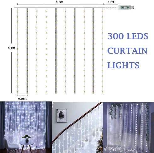 SUPERNIGHT LED Curtain Lights, Window Curtain Twinkle String Lights for Patio,Bedroom, Wedding, Party, Thanksgiving Day, Christmas Decoration (9.8 x 9.8 ft, 300LEDs, 8 Modes, Timer, Cool White)