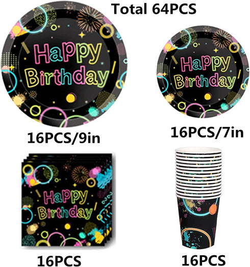 Glow Party Supplies-Complete Pack Glow Party Tableware Including Plates, Cups, Napkins for Glow Birthday, Roller Skating, Ice Skating,Dance Party Serves 16