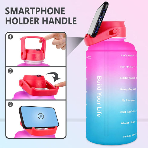BuildLife Half Gallon Water Bottle - BPA Free Leakproof Water Jug Gradient Motivational Time Marker with Straw & Phone Holder Handle to Remind You Drink More Water