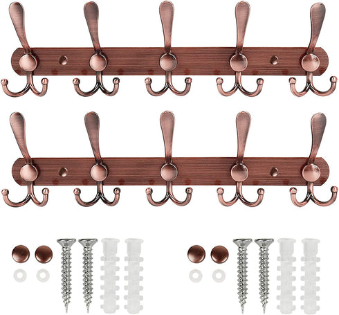 PHINGEER Wall Mounted Coat Rack, Heavy Duty Coat Rack with 5 Tri Metal Hooks, Stainless Steel Coat Hooks for Hanging Coats , Jacket, Hanger, Hat, Bag, Towel, Purse (Antique Copper, 2 Packs)