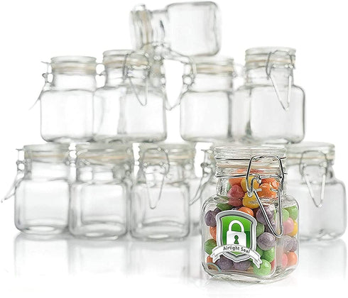 3 oz Small Glass Jars With Airtight Lids, Glass Spice Jars - Leak Proof Rubber Gasket and Hinged Lid for Home and Kitchen, Small Glass Containers with Lids for Party Favors (12 Pack)