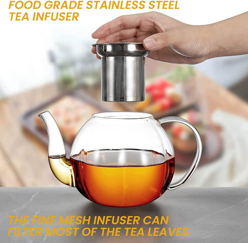 VEVOK CHEF Glass Teapot with Removable Infuser Clear Glass Tea Kettle, Blooming and Loose Leaf Tea Maker Set Stovetop Safe Borosilicate Glass Teapot Tea Brewer