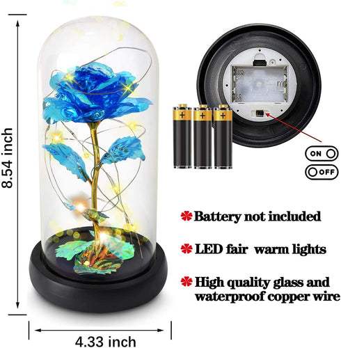 Valentines Day Gifts for Women, Birthday Gifts Thanksgiving Gifts Forever Preserved Rose Flower Gifts Beauty and The Beast Rose in Glass Dome with Warm Light, Unique Gift for Her Women Mom (Blue)