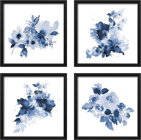 ArtbyHannah 10x10 Framed Blue Floral Wall Art Set of 4 with Black Frames and Flower Print for Gallery Walls or Bathroom Bedroom Decoration