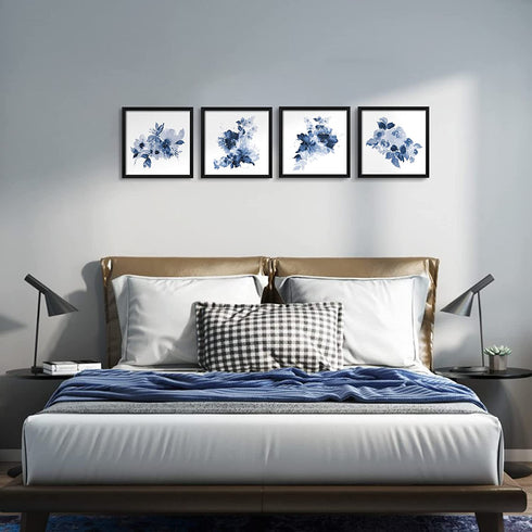 ArtbyHannah 10x10 Framed Blue Floral Wall Art Set of 4 with Black Frames and Flower Print for Gallery Walls or Bathroom Bedroom Decoration