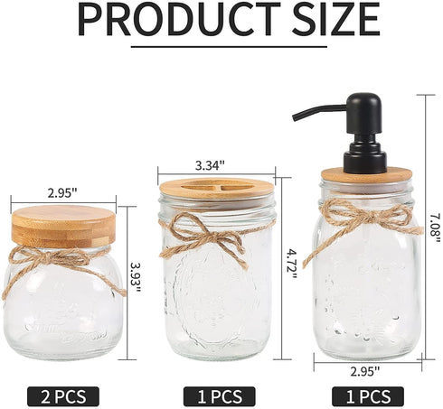 Bathroom Accessories Set Mason Jar, Foaming Soap Dispenser+2 Apothecary Jars+Toothbrush Holder, Bathroom Canisters Rustic Farmhouse Bathroom Decor Jars with Bamboo Lid, Country Countertop, Black