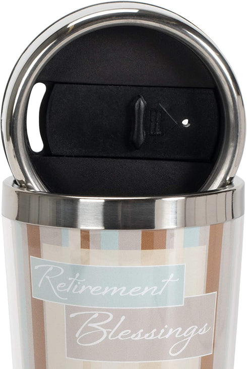 Retirement Blessings Brown Stripes 16 ounce Stainless Steel Insulated Travel Mug with Lid
