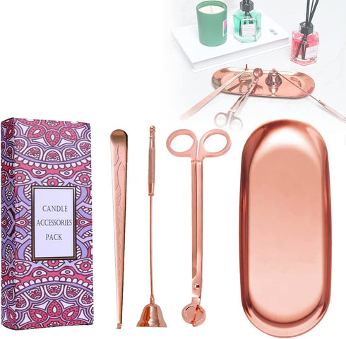 UCINNOVATE 4 in 1 Candle Accessory Set, Candle Wick Trimmer Candle Cutter, Candle Snuffer, Candle Wick Dipper, Storage Tray Plate, for Candle Lover, Thanksgiving, Christmas(Pink Gold)