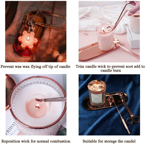 UCINNOVATE 4 in 1 Candle Accessory Set, Candle Wick Trimmer Candle Cutter, Candle Snuffer, Candle Wick Dipper, Storage Tray Plate, for Candle Lover, Thanksgiving, Christmas(Pink Gold)