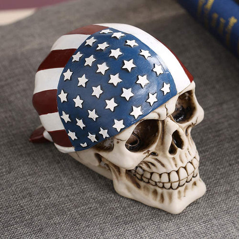 Mary Paxton Skeleton Skull Figurine,American Flag Hood USA Bandanna Human Skull Decor Skeleton Head Sculpture Statue Realistic Decorations Pirate Models Resin Bedroom Crafts Wacky Props Ornament