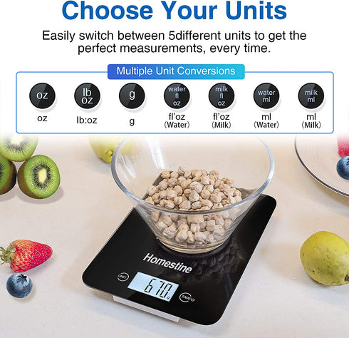 Homestine Digital Food Scale, 11lb Kitchen Scale Weight Grams and oz for Cooking Baking, 1g/0.1oz Precise Graduation, Lightweight Solid Plastic and Tempered Glass